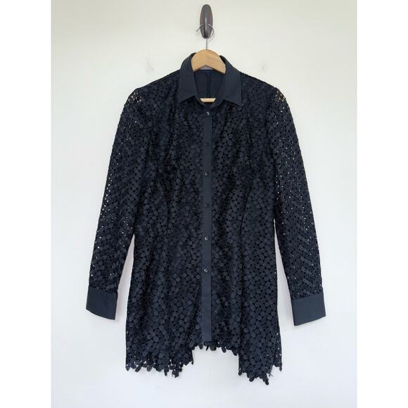 LELA ROSE black cotton lace longline peplum button front asymmetrical blouse top - Picture 2 of 14